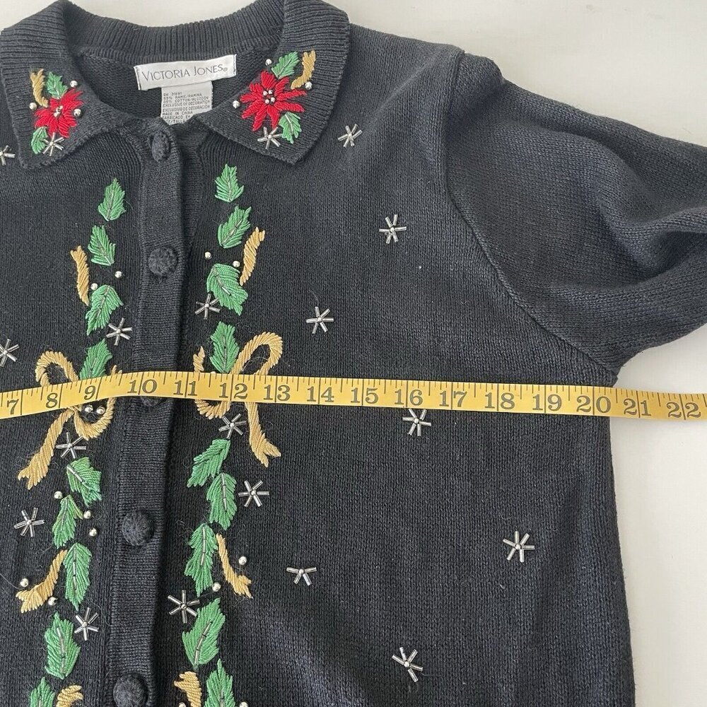 Vtg Victoria Jones Christmas Cardigan Sweater Black Embroidered Beaded Size S - Picture 9 of 10